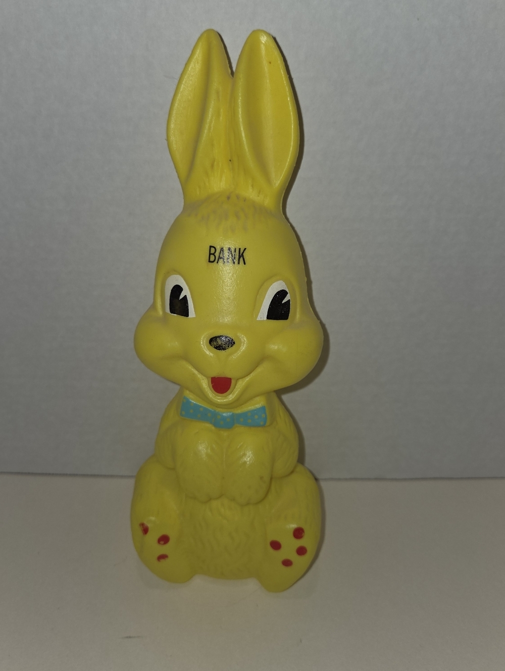 Vintage Yellow Plastic Bunny Coin Bank Blow Mold Rabbit 10 Inch Easter 1950s